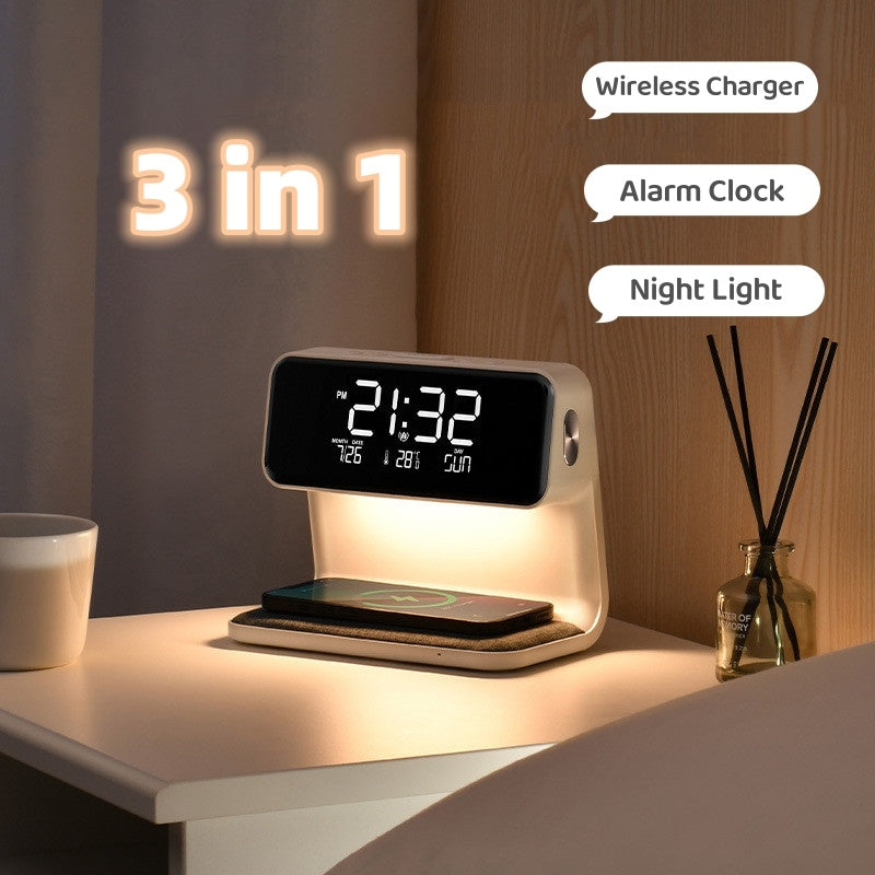 CQ Creative 3-in-1 Bedside Lamp with Wireless Charging and LCD Alarm Clock