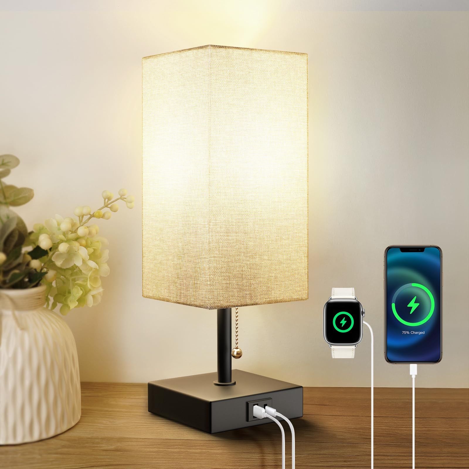 CQ Bedside Table Lamp with Adjustable Brightness and USB Charging Ports