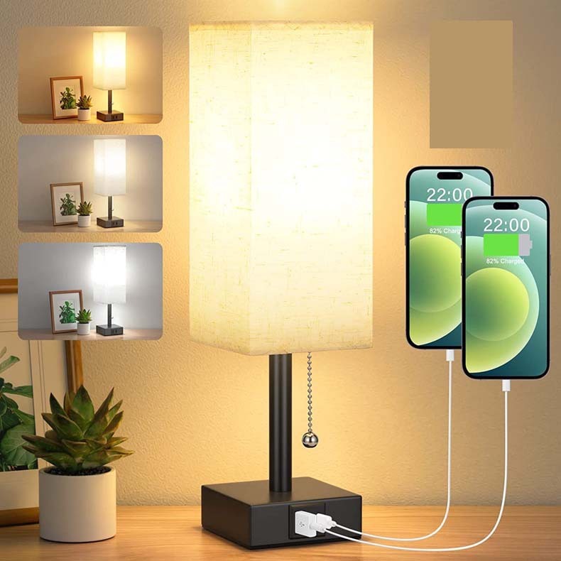 CQ Bedside Table Lamp with Adjustable Brightness and USB Charging Ports