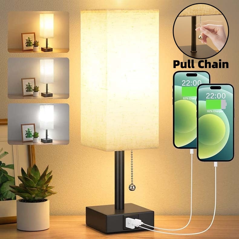 CQ Bedside Table Lamp with Adjustable Brightness and USB Charging Ports